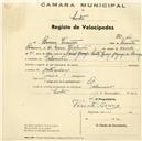 Registo de velocípede com o nº 44, em nome de Bruno Vicente, morador em Palmeiros.