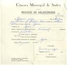Registo de velocípede de marca Nacional, com o nº 9532, em nome de Ramiro Jorge, morador em Azoia.
