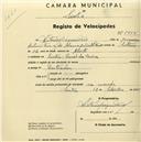 Registo de velocípede com o nº 2205, em nome de António Joaquim Feio, morador em Casal da Mina, Sintra.
