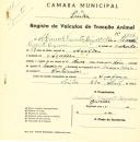 Registo de um veiculo de duas rodas tirado por dois animais de espécie bovina destinado a transporte de mercadorias em nome de Manuel Vicente Bizarro Júnior, morador na Assafora.