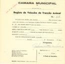 Registo de um veiculo de duas rodas tirado por dois animais de espécie bovina destinado a transporte de mercadorias em nome de Guilherme Simões dos Santos, morador na Rinchoa.