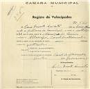 Registo de velocípede com o nº 874, em nome de Luís Duarte Aniceto, morador em Albarraque.