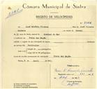 Registo de velocípede com o nº 9944, em nome de José António Vicente, morador em Praia das Maçãs.
