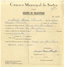 Registo de velocípede de marca Caravela, com o nº 7114, em nome de Amado Maceira Clemente, morador em Arneiro dos Marinheiros.