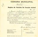 Registo de um veiculo de duas rodas tirado por duas animais de espécie muar destinado a transporte de mercadorias em nome de Inácio Antunes Júnior, morador em Alveijar.