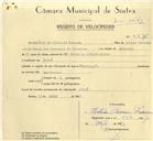 Registo de velocípede de marca Nacional, com o nº 9976, em nome de António de Oliveira Pedrosa, morador em Linhó.