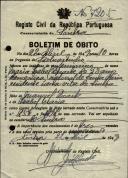 Boletim de óbito de Maria Isabel Duarte, moradora em Sintra, sepultada no coval nº 7205, do cemitério de S. Marçal.
