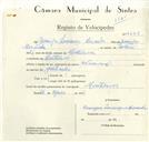 Registo de velocípede de marca Nacional, com o nº 8738, em nome de Domingos Lourenço Miranda, morador em Montelavar.