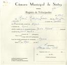 Registo de velocípede de marca Deka, com o nº 8955, em nome de Romão Rodrigues Lourenço, morador em Azoia.