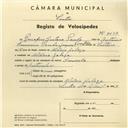 Registo de velocípede de marca Caravela, com o nº 4157, em nome de Procópio Caetano Paulo, morador em Aldeia Galega.