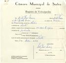 Registo de velocípede de marca VN-Mota, com o nº 8927, em nome de Vítor José Névoa, morador em Sintra.