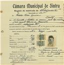 Registo de matricula de velocipedista em nome de Mário Dias Correia, morador em Sintra, com o nº de inscrição 725.