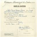 Registo de velocípede de marca Vilar com motor Cuciolo, com o nº 5246, em nome de Otávio Manuel Rodrigues Santiago, morador em Casal dos Afonsos, Queluz.