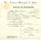 Registo de velocípede de marca Nacional, com o nº 9274, em nome de Albino Simões Saraiva, morador em D. Maria.
