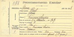 Recenseamento escolar de Raul Serôdio, filho de Francisco Serôdio, morador na Várzea.