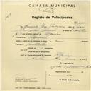Registo de velocípede com o nº 2529, em nome de Benvindo José Rodrigues, morador em Ulgueira.