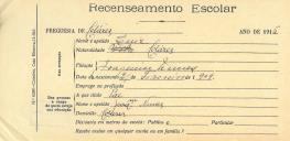 Recenseamento escolar de Luis Nunes, filho de Joaquim Nunes, morador em Colares.