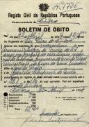 Boletim de óbito de Armando Lopes de Melo, morador em Mem Martins, sepultado no coval nº 7776, do cemitério de S. Marçal.