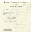 Registo de velocípede com o nº 8325, em nome de António dos Santos Januário, morador em Albarraque.
