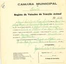 Registo de um veiculo de duas rodas tirado por um animal de espécie muar destinado a transporte de mercadorias em nome de Maria Emília do Rego Simões, moradora na Quinta do Platano, A da Beja em Belas. 