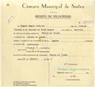 Registo de velocípede com o nº 9990, em nome de Miguel Regalo Antunes, morador em Várzea de Sintra.