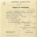 Registo de velocípede de marca Oriental, com o nº 1680, em nome de Maria Noemia Queiroz Velez, moradora em Praia das Maçãs.
