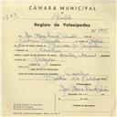 Registo de velocípede de marca Aranha, com o nº 3885, em nome de José Maria Lemos Simões, morador em Carenque.