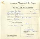 Registo de velocípede de marca Alpino, com o nº 10070, em nome de Eurico José Lopes, morador em Sintra.