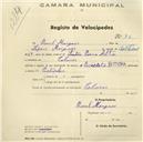 Registo de velocípede de marca Bottecchia, com o nº 76, em nome de Raul Marques, morador em Colares