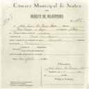 Registo de velocípede de marca Caravela, com o nº 5376, em nome de João Lúcio Rio França Sousa, morador em Praia das Maçãs.