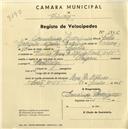 Registo de velocípede de marca Origam, com o nº 1906, em nome de Ermelinda Rodrigues, moradora em Rua Dr. Alfredo Costa nº 66, Sintra.
