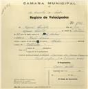 Registo de velocípede com o nº 1312, em nome de Sebastião António Cristovão, morador em Odrinhas.