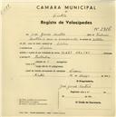 Registo de velocípede de marca Helios, com o nº 2416, em nome de José Gomes Martins, morador em Cacém.