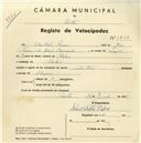 Registo de velocípede com o nº 3713, em nome de Sebastião Pedro, morador em Belas.