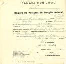 Registo de um veiculo de duas rodas tirado por um animal de espécie muar destinado a transporte de mercadorias em nome de Joaquim Justino Marques, morador em Vale de Lobos.