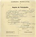 Registo de velocípede de marca Nacional, com o nº 1265, em nome de Manuel Duarte Cortegaça, morador em Montelavar.
