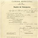 Registo de velocípede de marca N.S.U., com o nº 2242, em nome de Maria Manuela da Conceição Oliveira, moradora em Travessa João de Deus nº 5, Sintra.