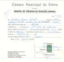 Registo de um veiculo de duas rodas tirado por um animal de espécie asinina destinado a transporte de mercadorias em nome de António Roque Patrão, morador em Barreira, São João das Lampas.