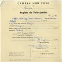 Registo de velocípede com o nº 1888, em nome de José Vítor Ugo Castro Alcainha, morador em Terrugem.
