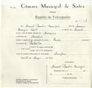 Registo de velocípede de marca Sachs, com o nº 8734, em nome de Manuel Parcelas Domingos, morador em Assafora.
