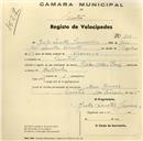 Registo de velocípede de marca Cicles Elios, com o nº 258, em nome de Júlio Santos J., morador em Sintra.