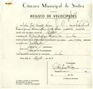 Registo de velocípede de marca Nicky Vitória, com o nº 9232, em nome de Vítor José Azevedo Névoa, morador em Rua José Antunes dos Santos, Sintra.