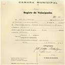 Registo de velocípede de marca B.S.A., com o nº 58, em nome de João Jorge Pchilga, morador em Mem Martins.
