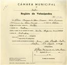 Registo de velocípede de marca Invicta Champion, com o nº 3130, em nome de Ulisses Marques Silva Nunes, morador em Sintra.