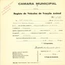 Registo de um veiculo de duas rodas tirado por dois animais de espécie muar destinado a transporte de mercadorias em nome de José António Dias, morador em Almoçageme.