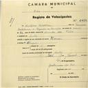 Registo de velocípede de marca Toman, com o nº 2281, em nome de António Bartolomeu, morador em Linhó.