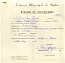 Registo de velocípede de marca Raio com motor Ilo, com o nº 9847, em nome de Pedro Luís Ferreira, morador em Várzea de Sintra.