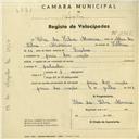 Registo de velocípede com o nº 3086, em nome de Elsa da Silva Moreira, moradora em Praia das Maçãs.