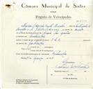 Registo de velocípede de marca J.L.O., com o nº 8730, em nome de Henrique da Assunção Duarte Carvalho, morador em Fontanelas.