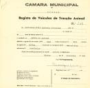 Registo de um veiculo de duas rodas tirado por dois animais de espécie bovina destinado a transporte de mercadorias em nome de Sociedade Civil Agrícola Serra-Mar, sediada na Quinta do Anjinho.